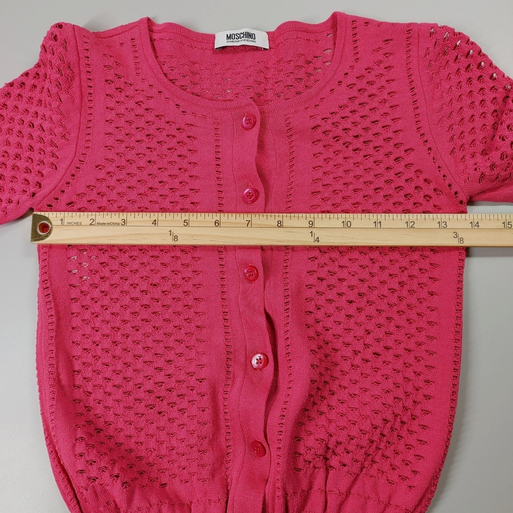 Moschino Cardigan Womens 4 Pink Cropped Fine‎ Knit Open Stitched Statement Italy - Picture 9 of 16